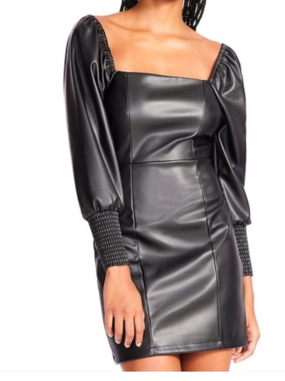 Betsey Johnson Ruched Puff Sleeve Faux Leather Square Neck Dress Faux Leather